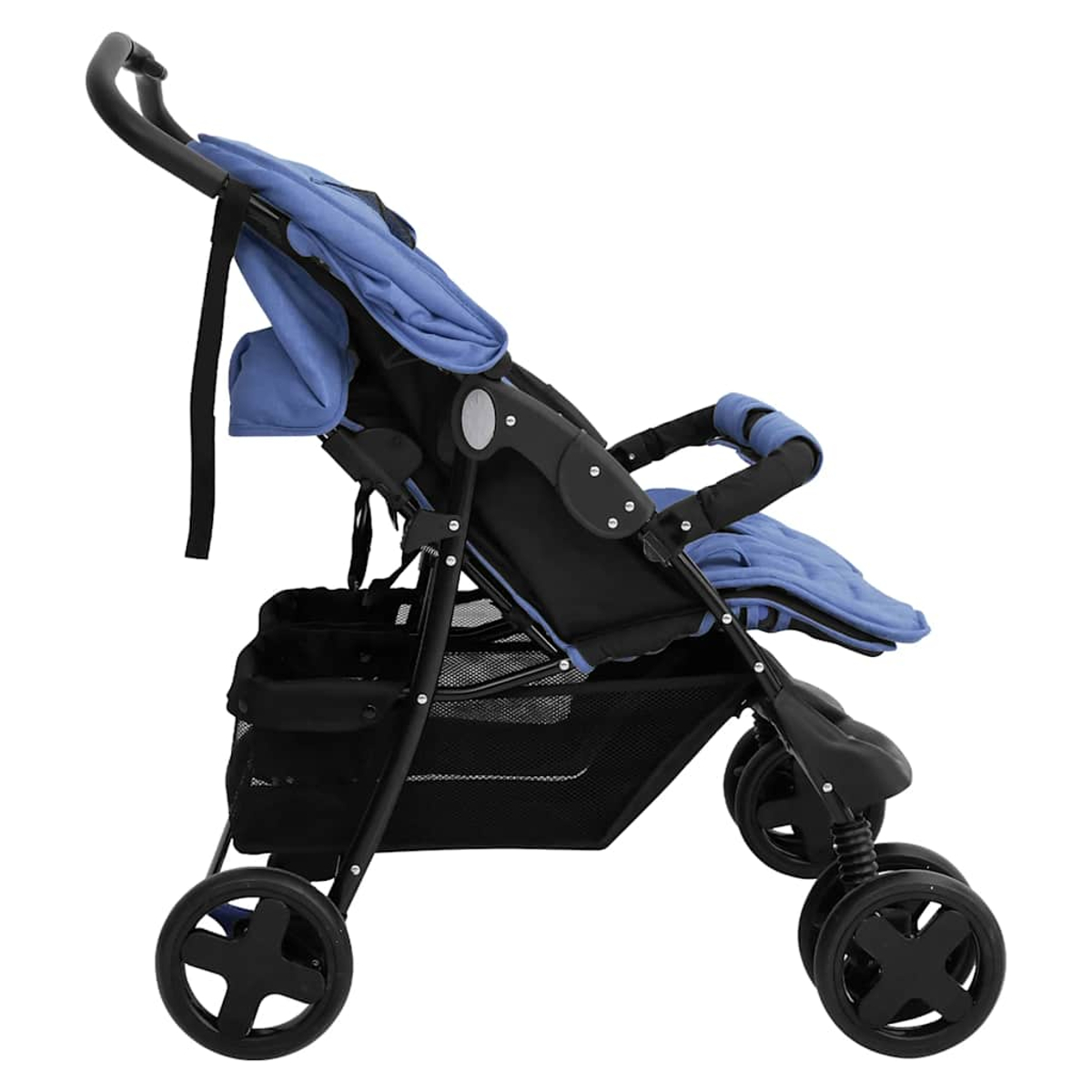 Ein blauer Kinderwagen mit schwarzem Rahmen und Korb.