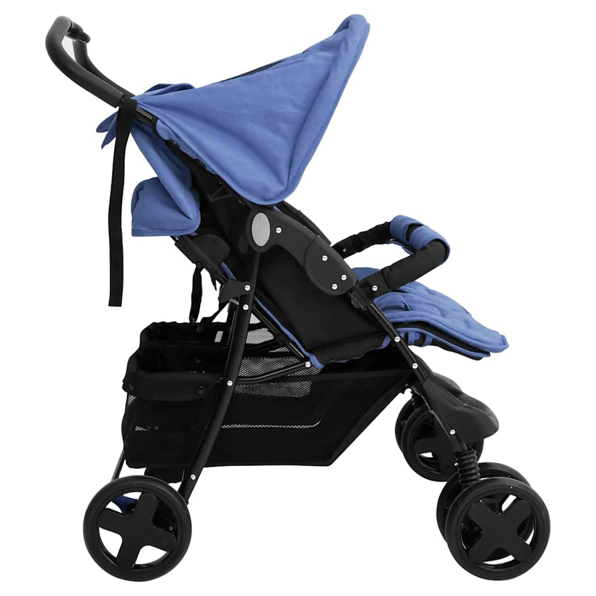 Ein blauer Kinderwagen mit schwarzem Rahmen und Sitz.