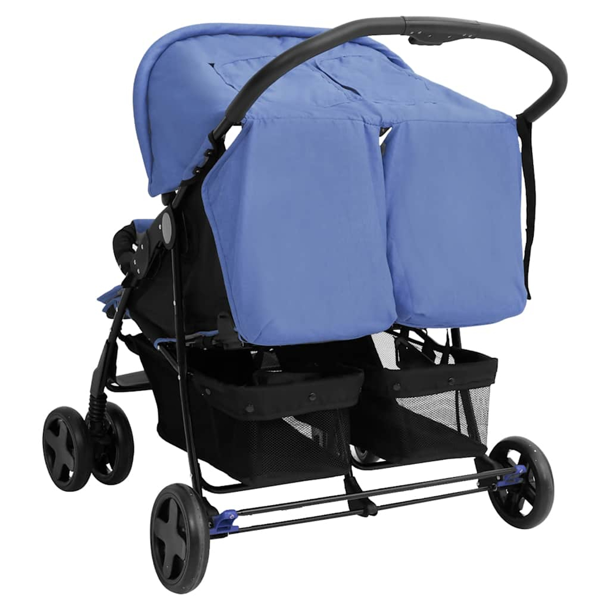 Ein blauer Zwillingskinderwagen mit schwarzem Rahmen und Körben.