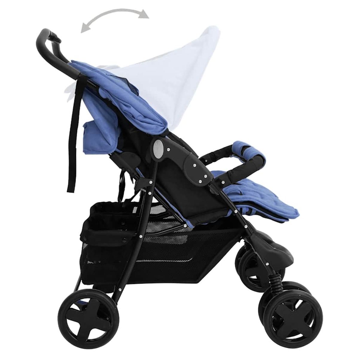 Blauer Kinderwagen mit verstellbarem Sonnendach und Aufbewahrungskorb.