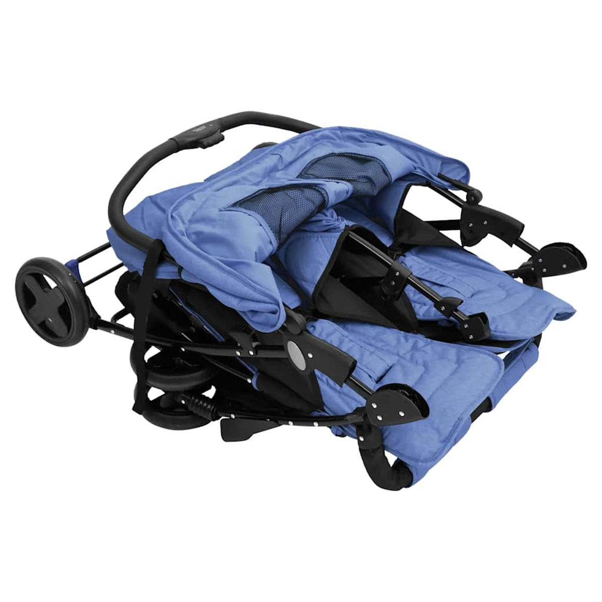 Ein zusammengeklappter blauer Zwillingskinderwagen mit schwarzem Rahmen und Rädern.