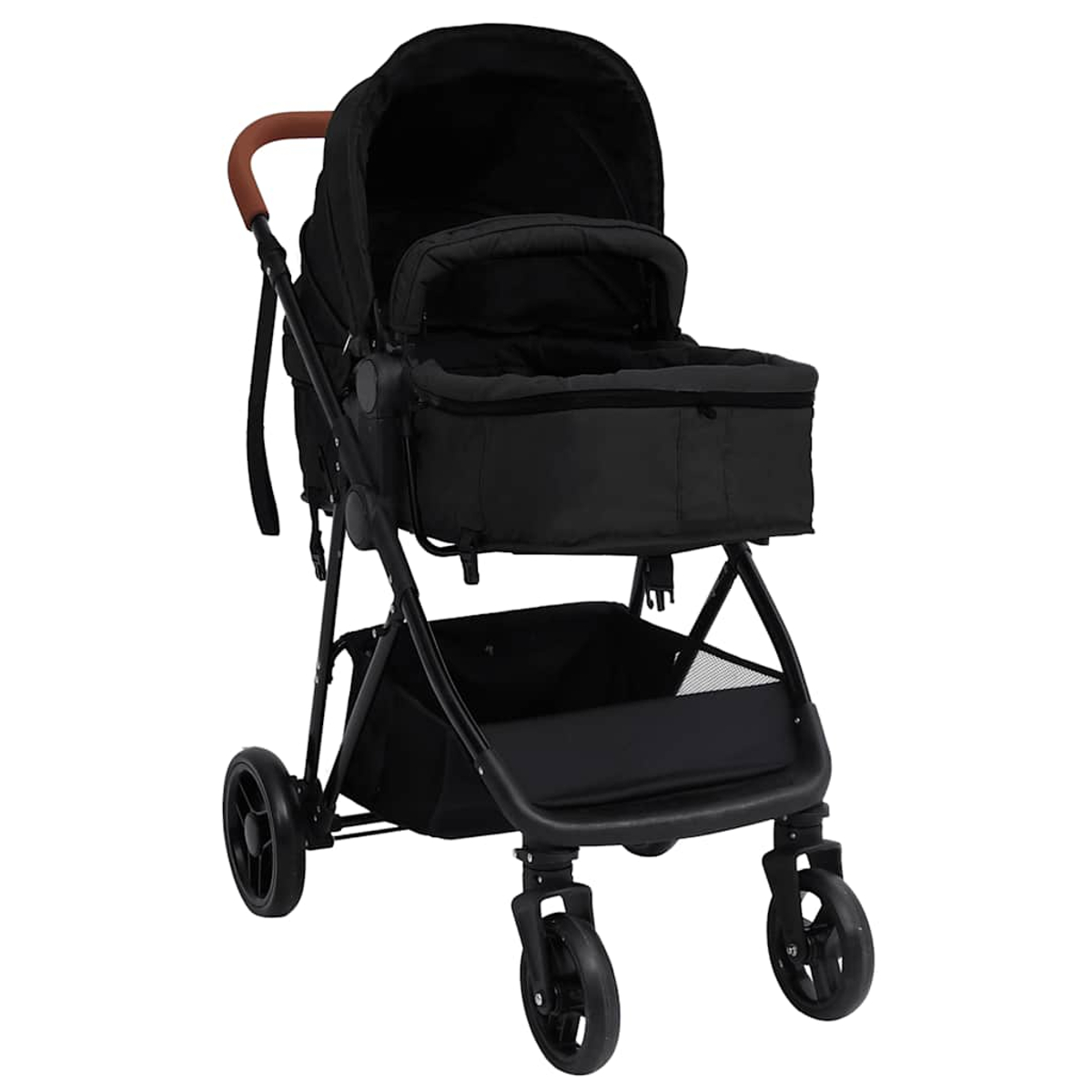 Ein schwarzer Kinderwagen mit braunem Griff und Unterkorb.