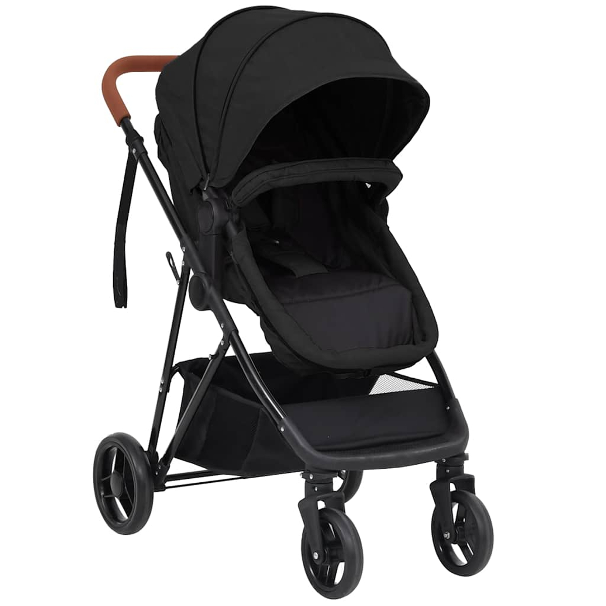 Ein schwarzer Kinderwagen mit braunem Griff und Netzablage.
