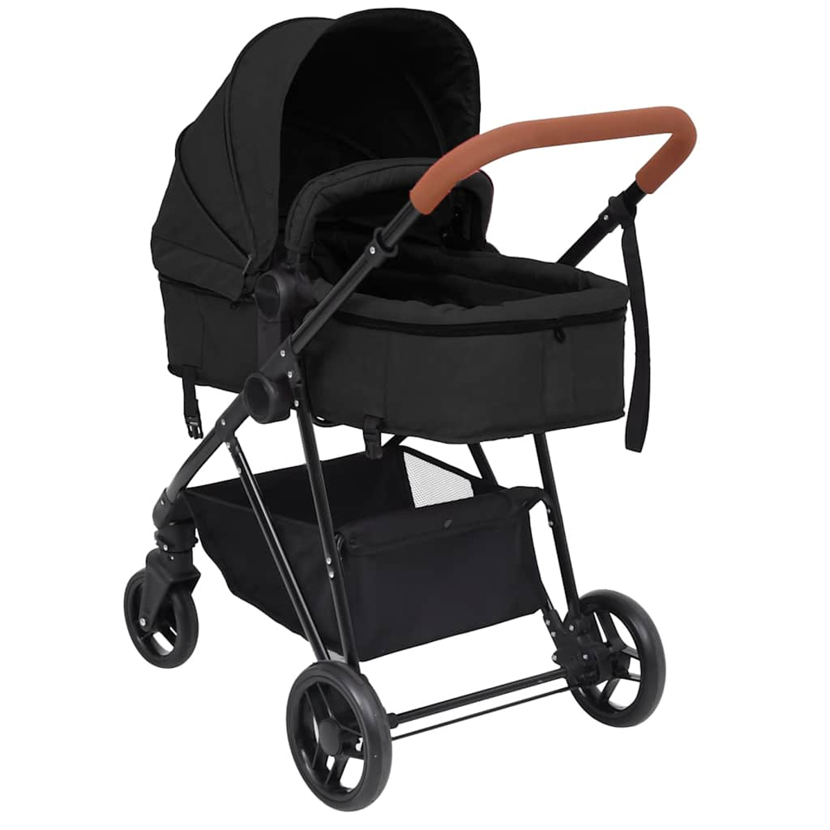 Ein schwarzer Kinderwagen mit braunem Griff und Aufbewahrungskorb.