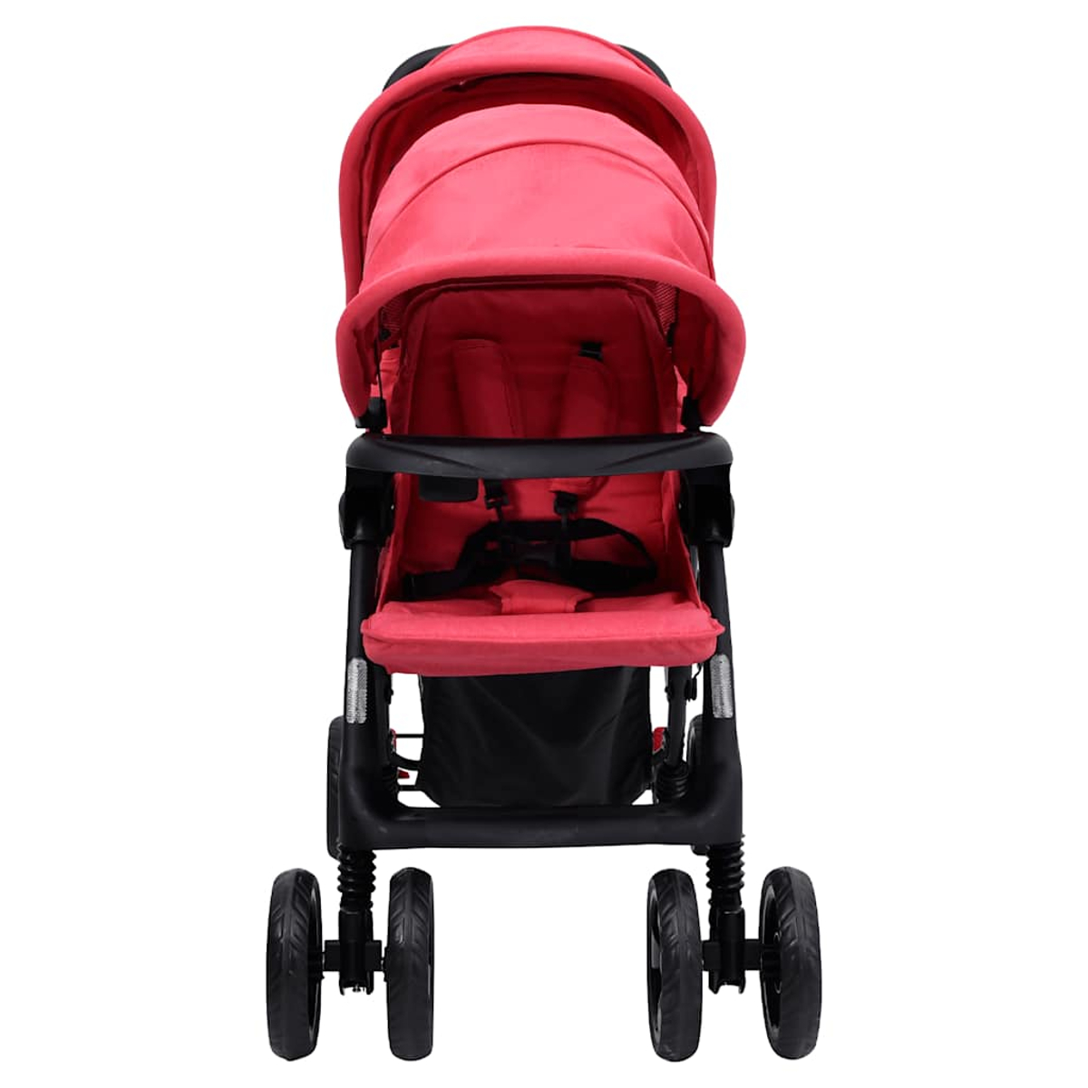 Ein roter Kinderwagen mit schwarzem Verdeck und Sitz.