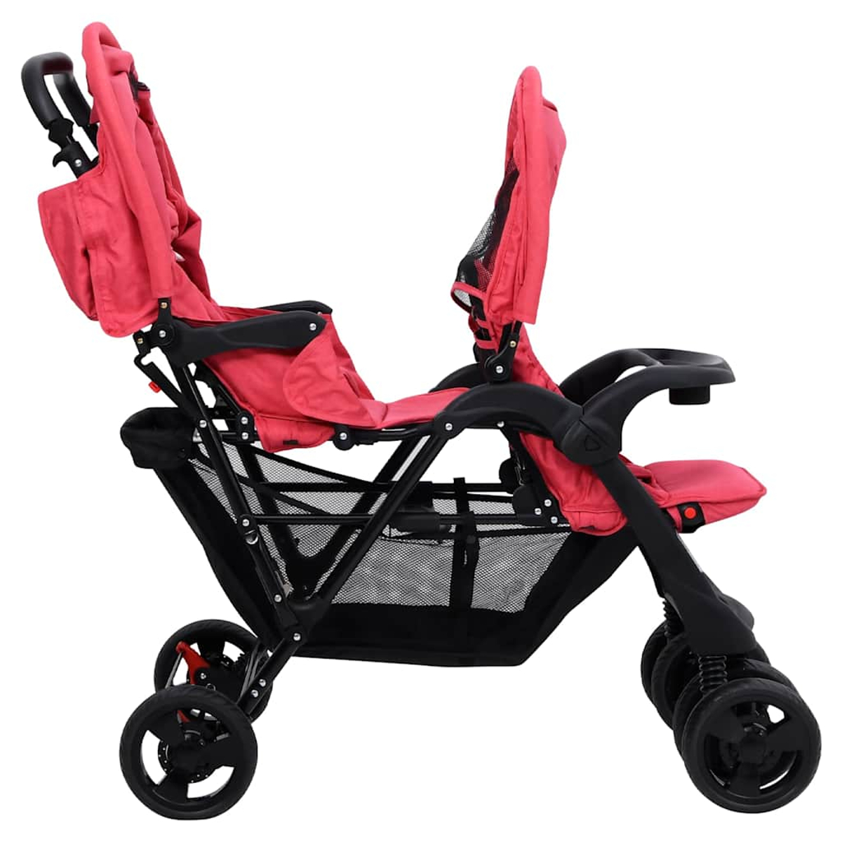 Ein roter Geschwisterwagen mit zwei Sitzen, zwei Griffen und einem Korb.