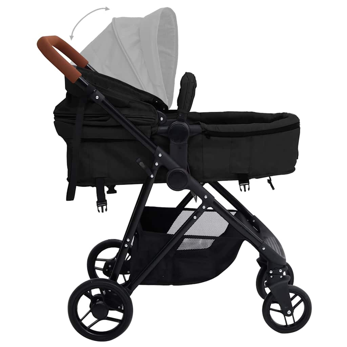 Schwarzer Kinderwagen mit verstellbarem Griff und Sonnendach, mit Einkaufskorb.
