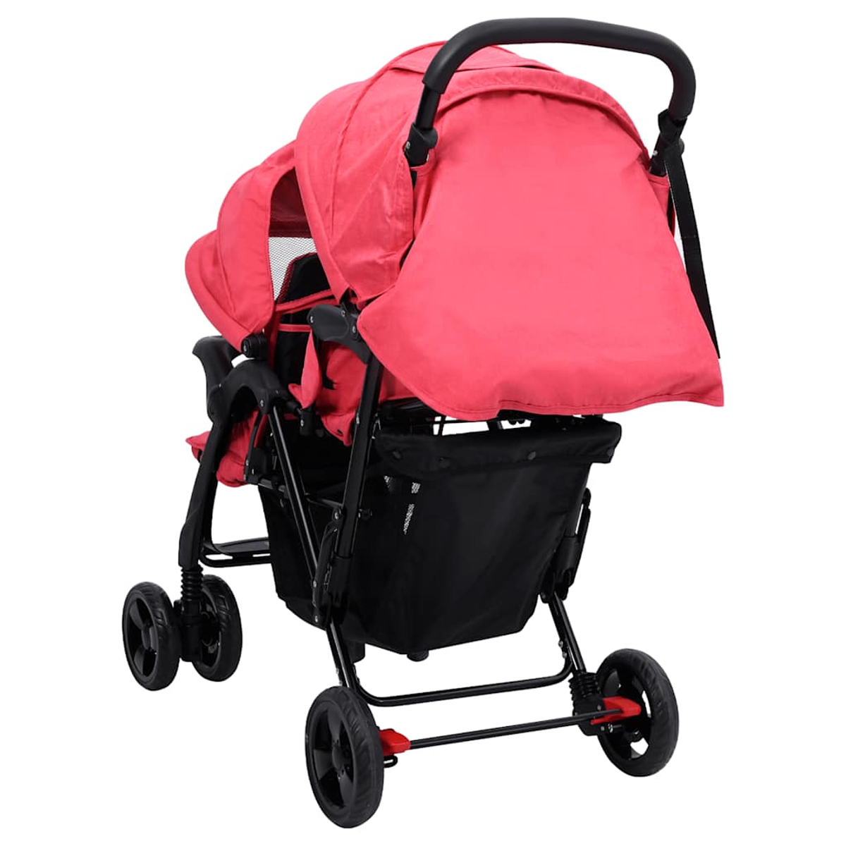 Ein roter Zwillingskinderwagen mit schwarzem Gestell und Rädern, mit zwei Sitzen.