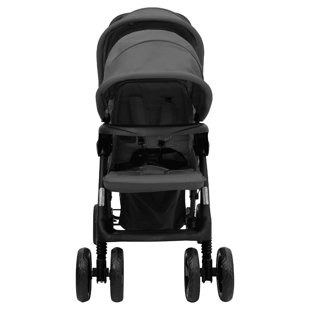 Ein dunkler Kinderwagen mit Haube, Sitz und vier Rädern auf weißem Hintergrund.