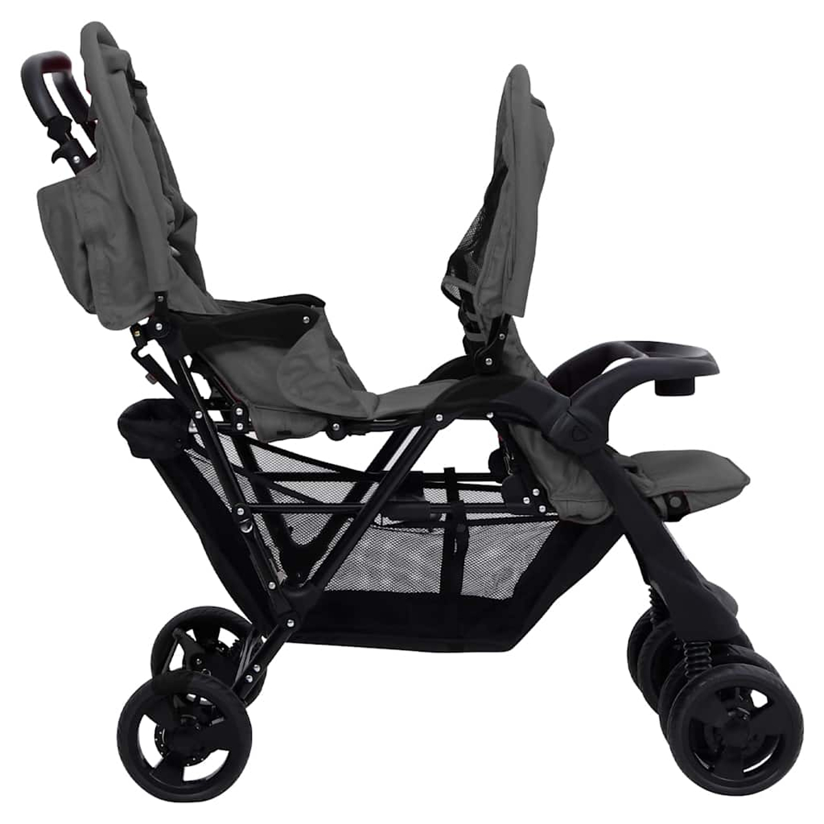 Grauer Geschwisterwagen mit zwei Sitzen, einem Einkaufskorb und vier Rädern.