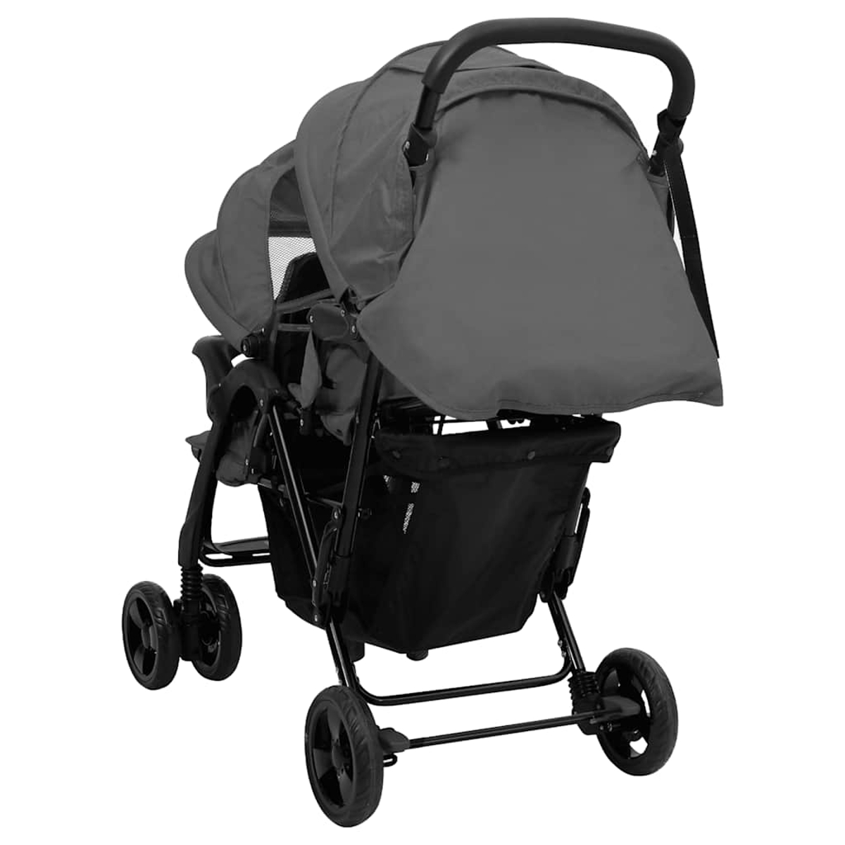 Ein grauer Zwillingskinderwagen mit zwei Sitzen, schwarzem Korb und Rädern.