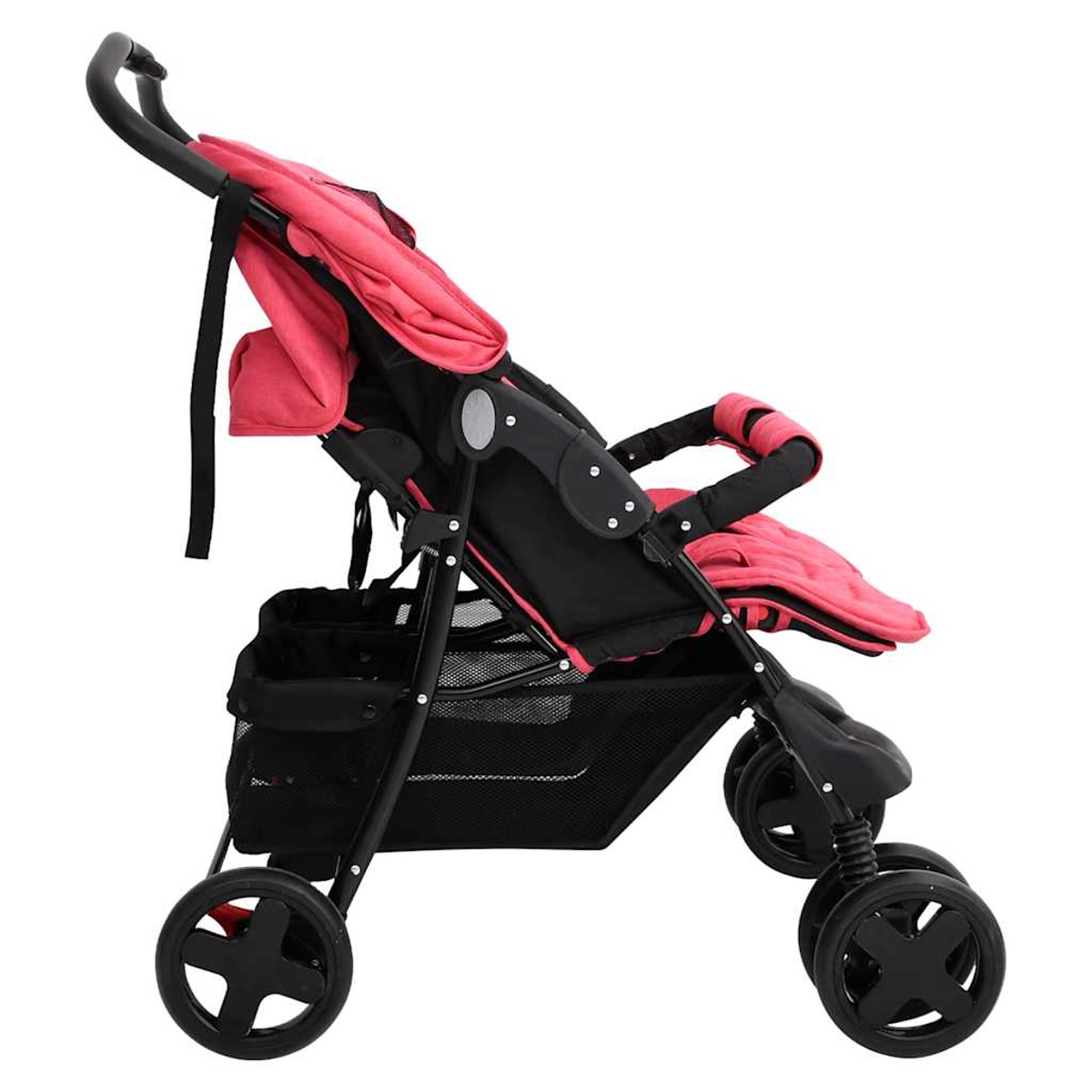 Ein pinker und schwarzer Kinderwagen mit Einkaufskorb und vier Rädern.
