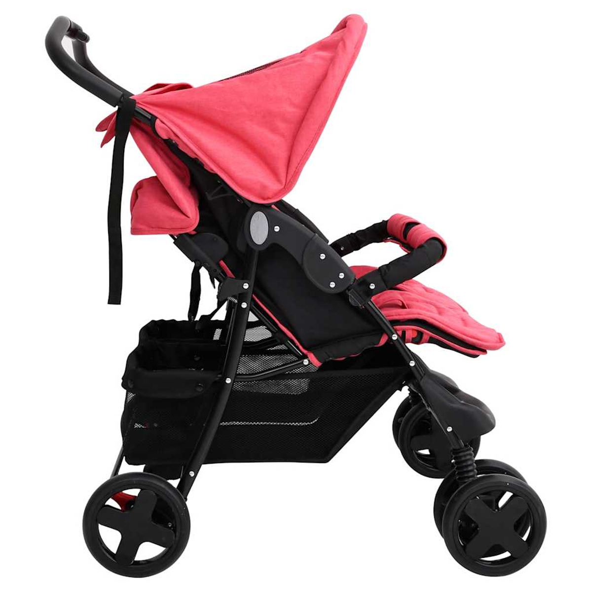 Ein pink-schwarzer Kinderwagen mit Verdeck, Sitz, Aufbewahrungskorb und Rädern.