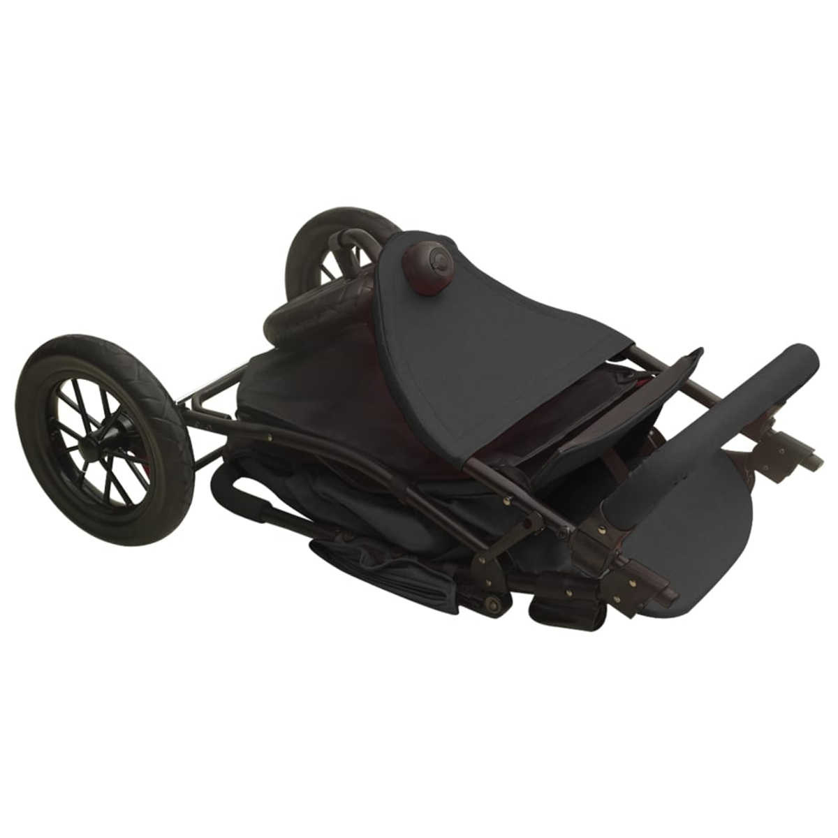 Ein zusammengeklappter schwarzer Kinderwagen mit drei Rädern und Griffen.