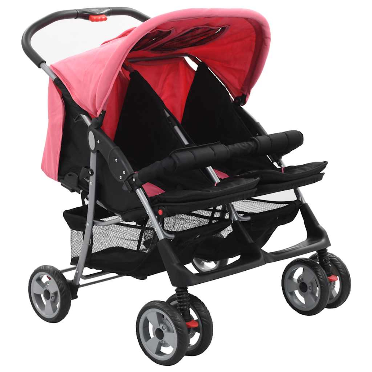 Un passeggino gemellare rosa con sedili neri e telaio in metallo.