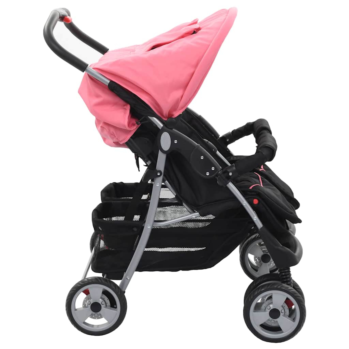 Un passeggino gemellare nero con capote rosa e cesti portaoggetti.