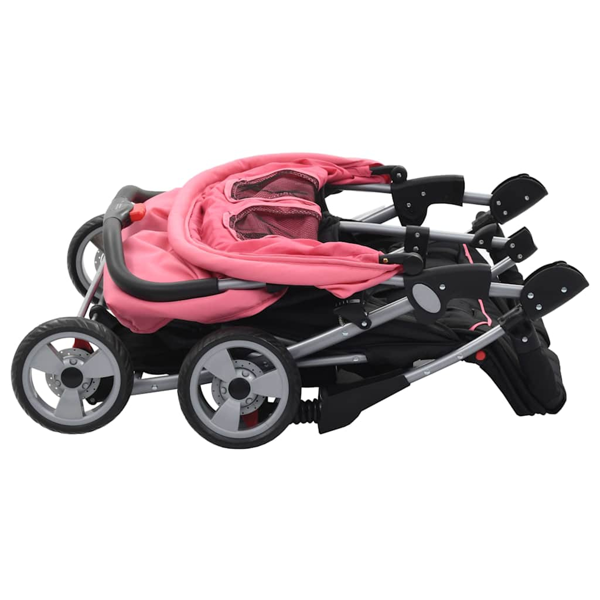 Un passeggino doppio piegato rosa e nero con quattro ruote.