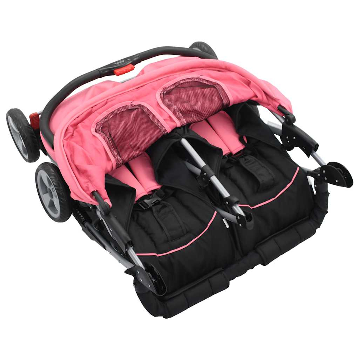 Un passeggino doppio piegato rosa e nero con telaio e ruote in metallo.