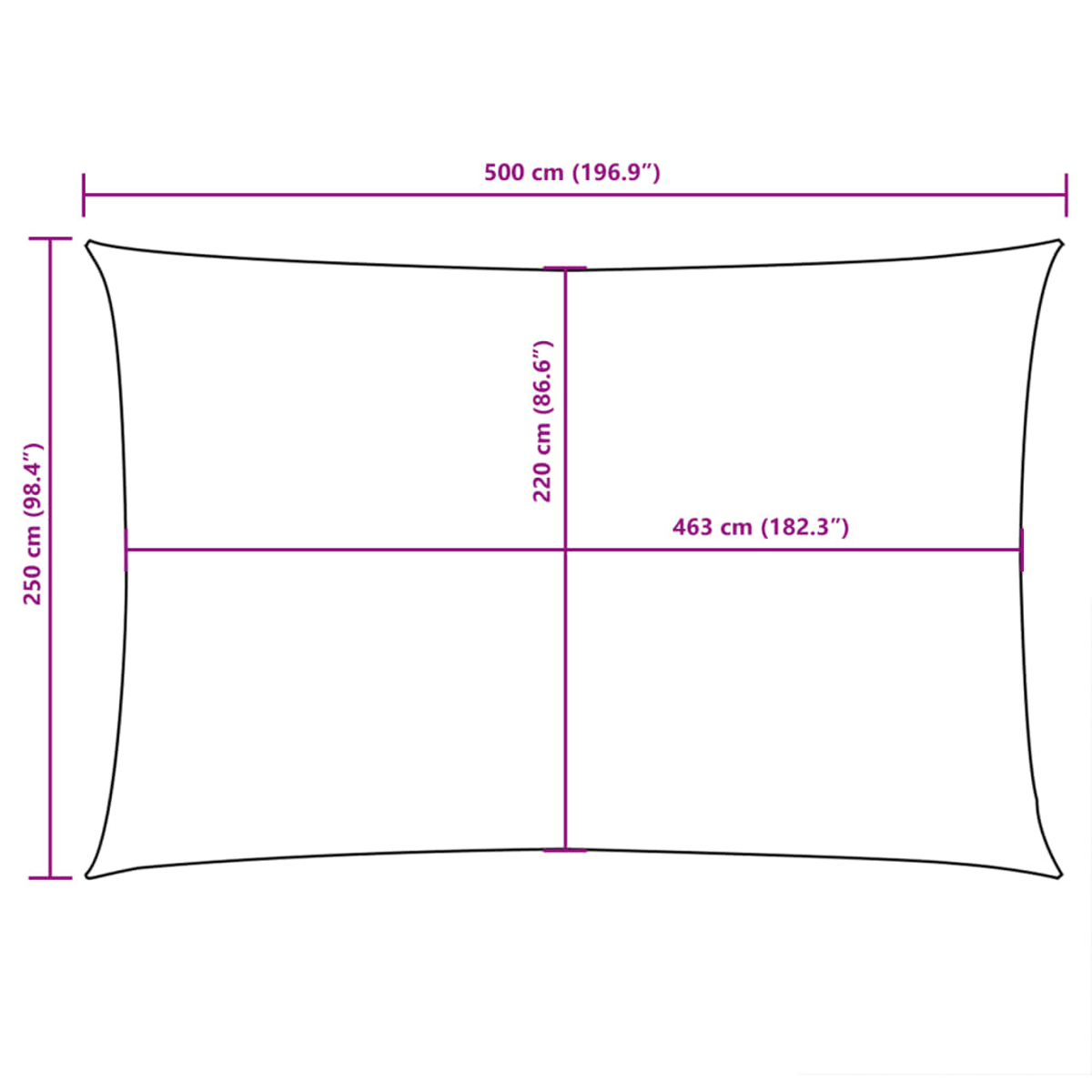 Diagramma delle dimensioni di una vela parasole: 500x250cm e 463x220cm.