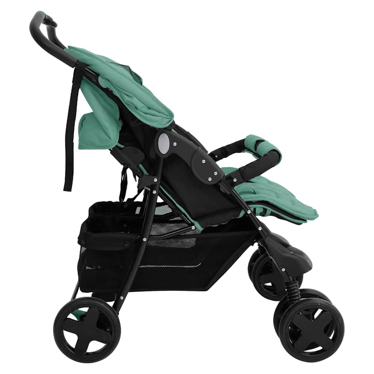 Ein türkisfarbener Kinderwagen mit schwarzem Rahmen und Stoff. Das Verdeck ist hochgeklappt.