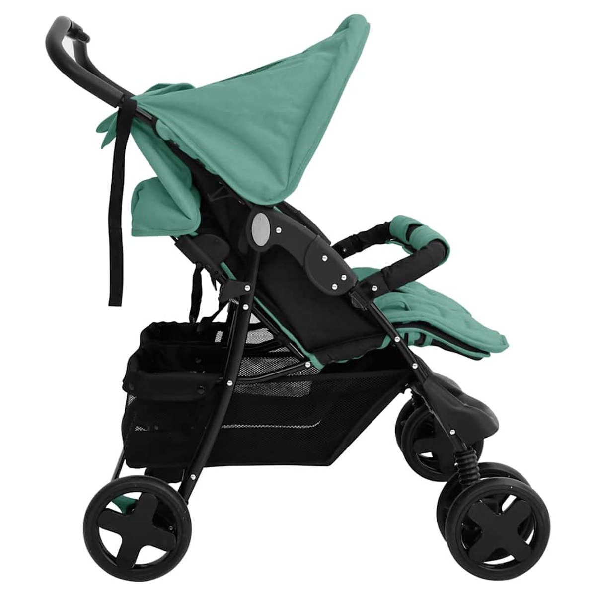 Ein türkisfarbener Kinderwagen mit schwarzem Gestell und Aufbewahrungskorb.