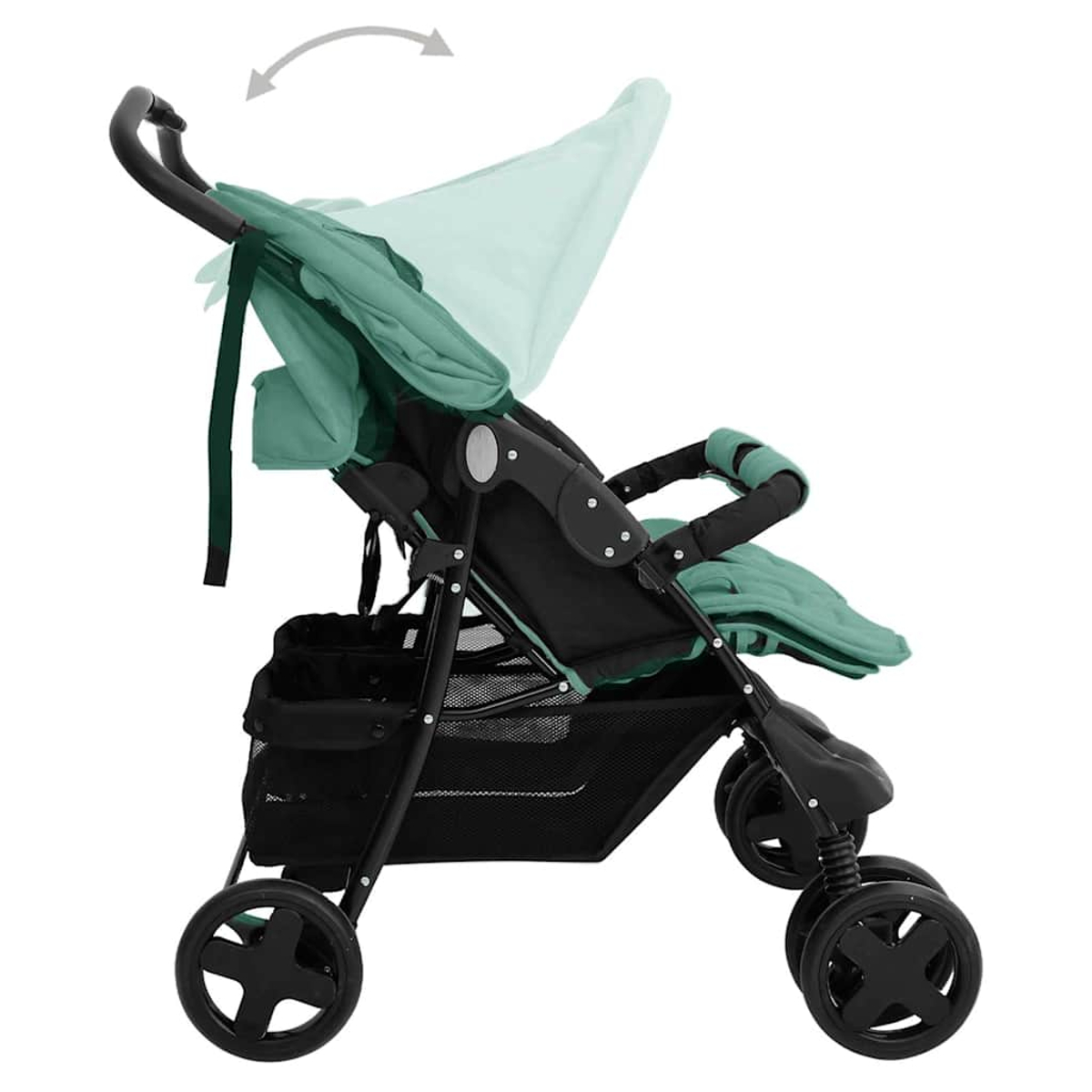Ein grüner Kinderwagen mit schwarzem Korb und verstellbarem Verdeck.
