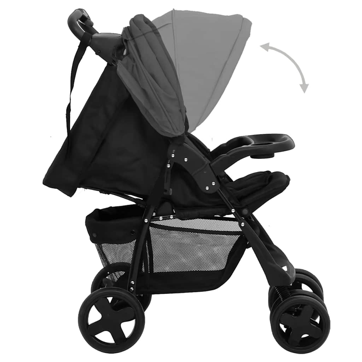 Ein schwarzer Kinderwagen mit verstellbarem Verdeck und Aufbewahrungskorb.