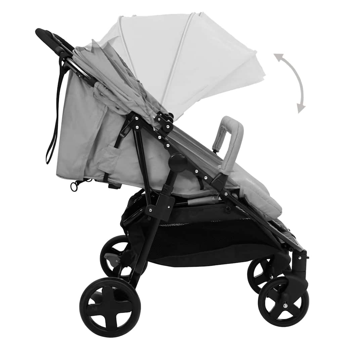 Ein grauer Kinderwagen mit Verdeck und Aufbewahrungskorb, von der Seite gezeigt.