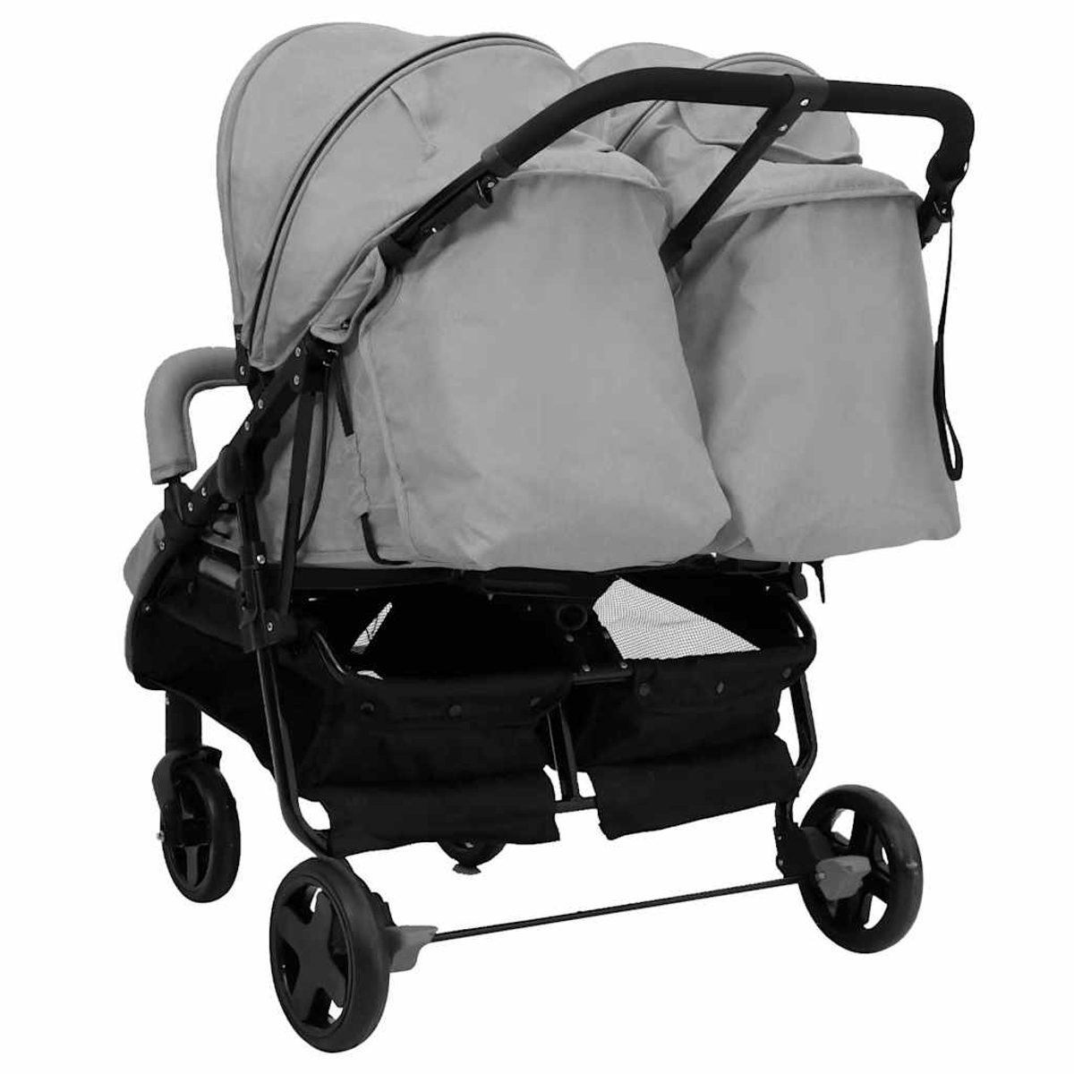 Ein grauer Zwillingskinderwagen mit schwarzen Akzenten und Rädern.