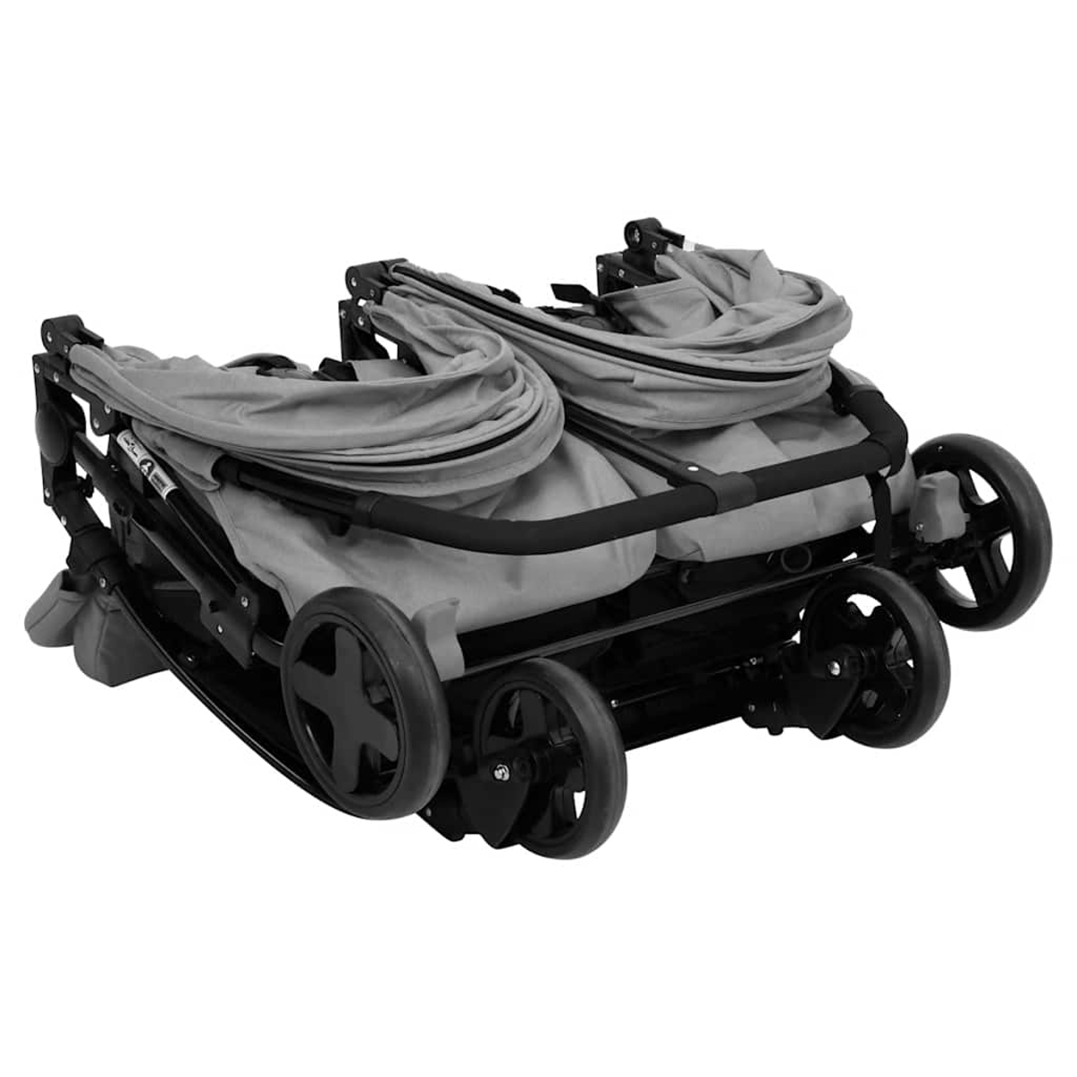 Ein zusammengeklappter grauer Zwillingskinderwagen mit schwarzem Rahmen und Rädern.