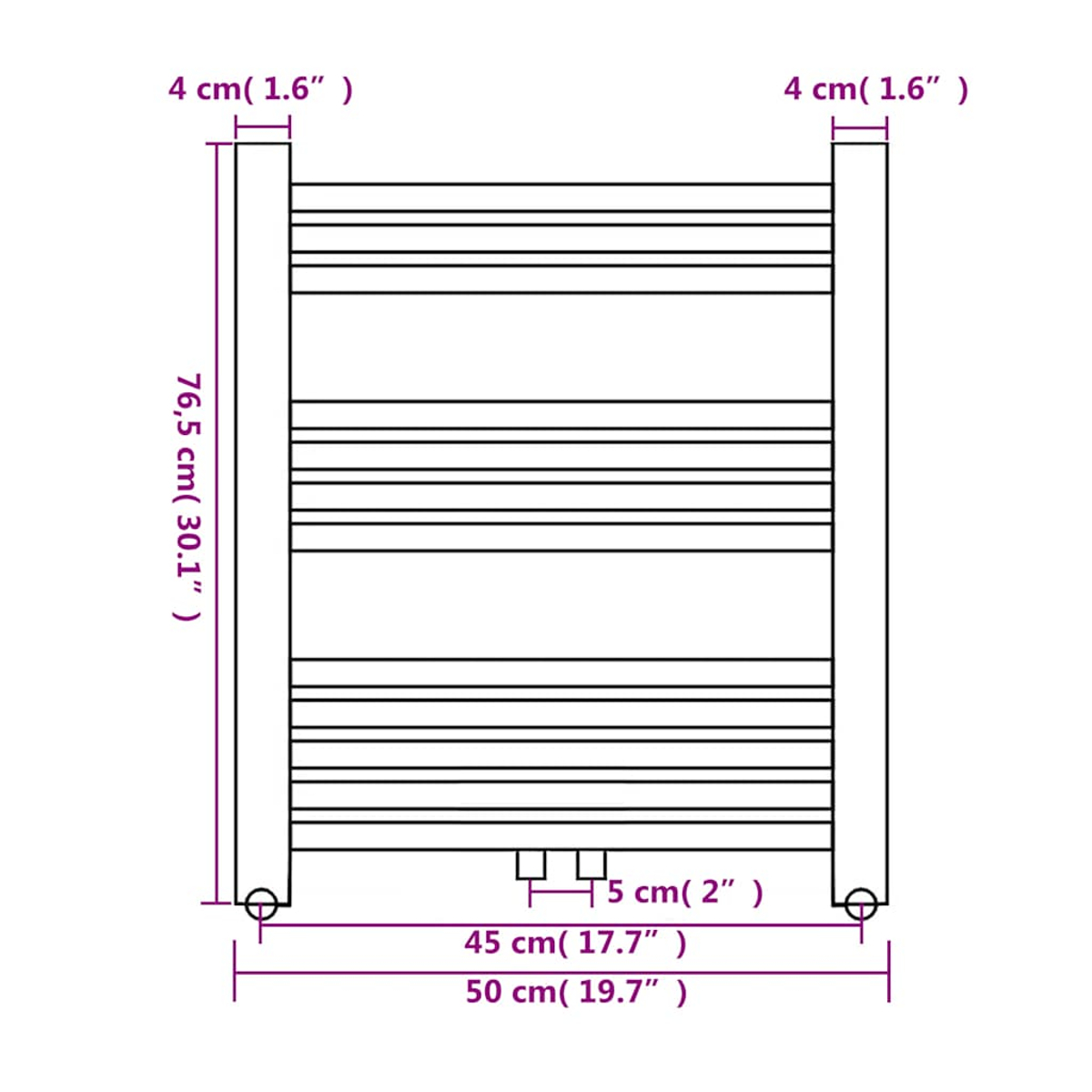 Diagramm eines weißen Handtuchhalters mit Maßen. Höhe 76,5 cm, Breite 50 cm.