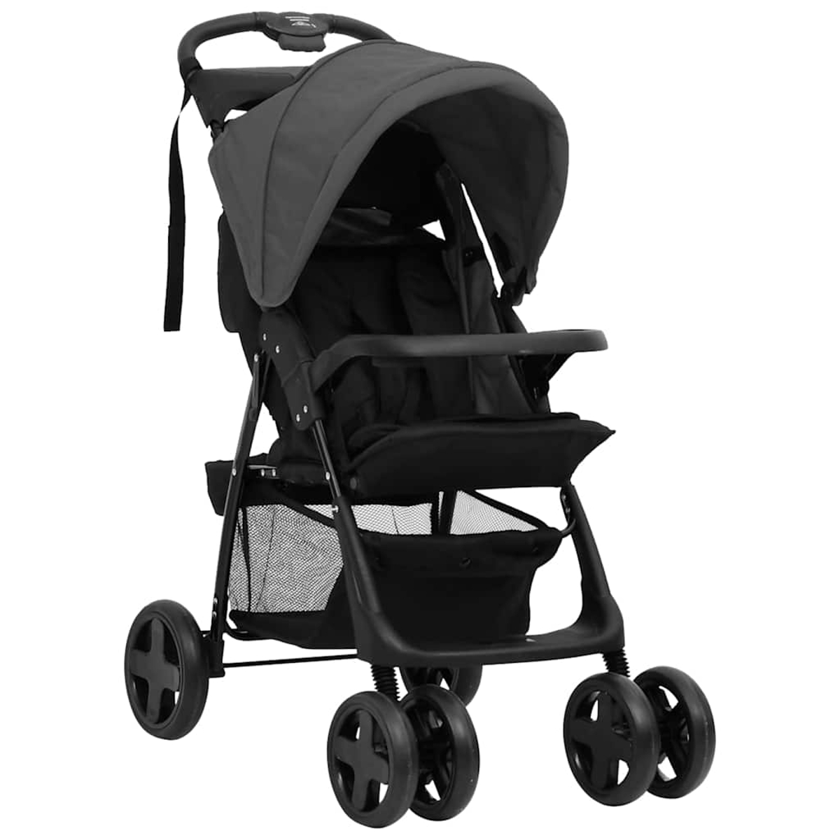 Ein schwarzer Kinderwagen mit Verdeck, Sitz und Einkaufskorb.
