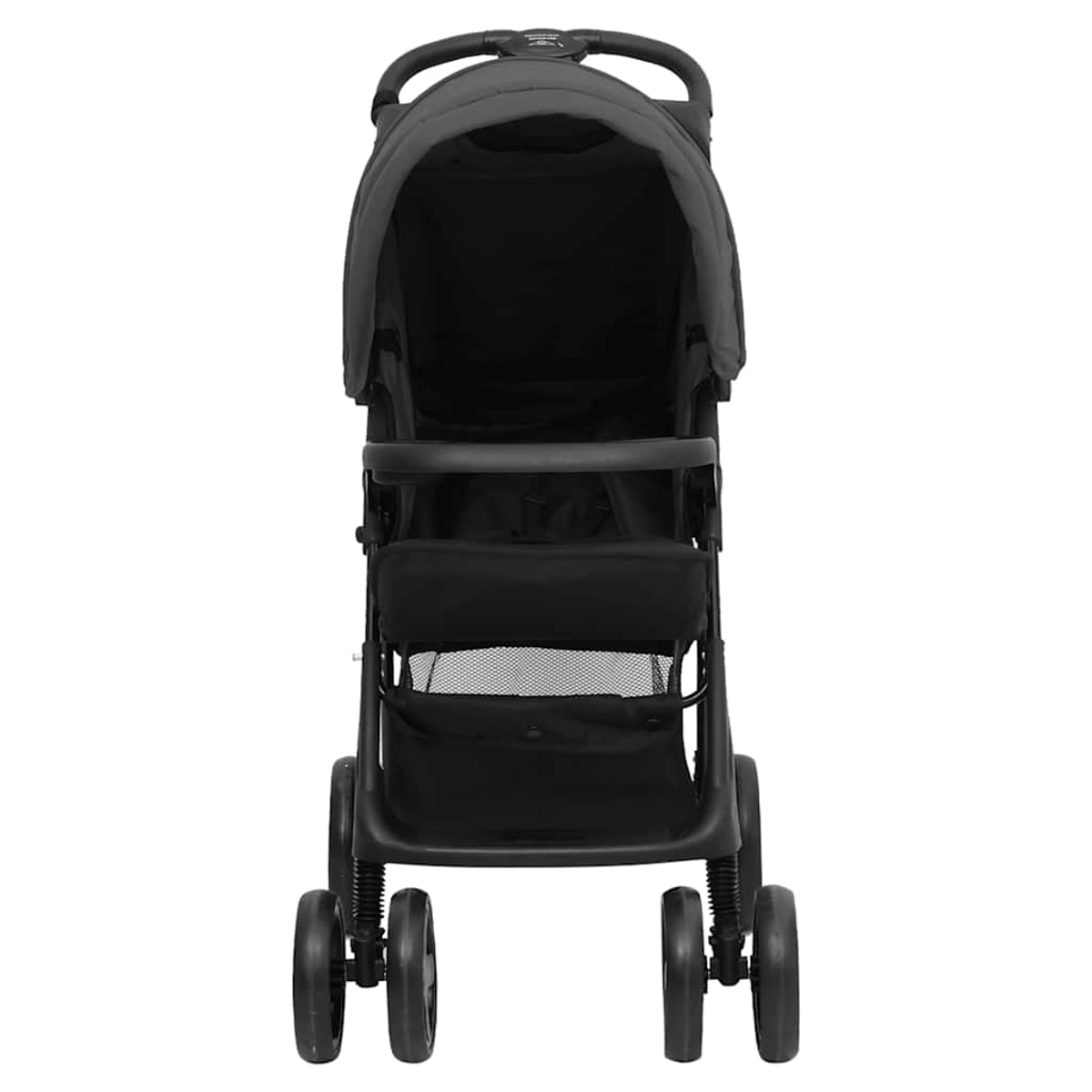 Ein schwarzer Kinderwagen mit Verdeck, Sitz und Stauraum unter dem Sitz.