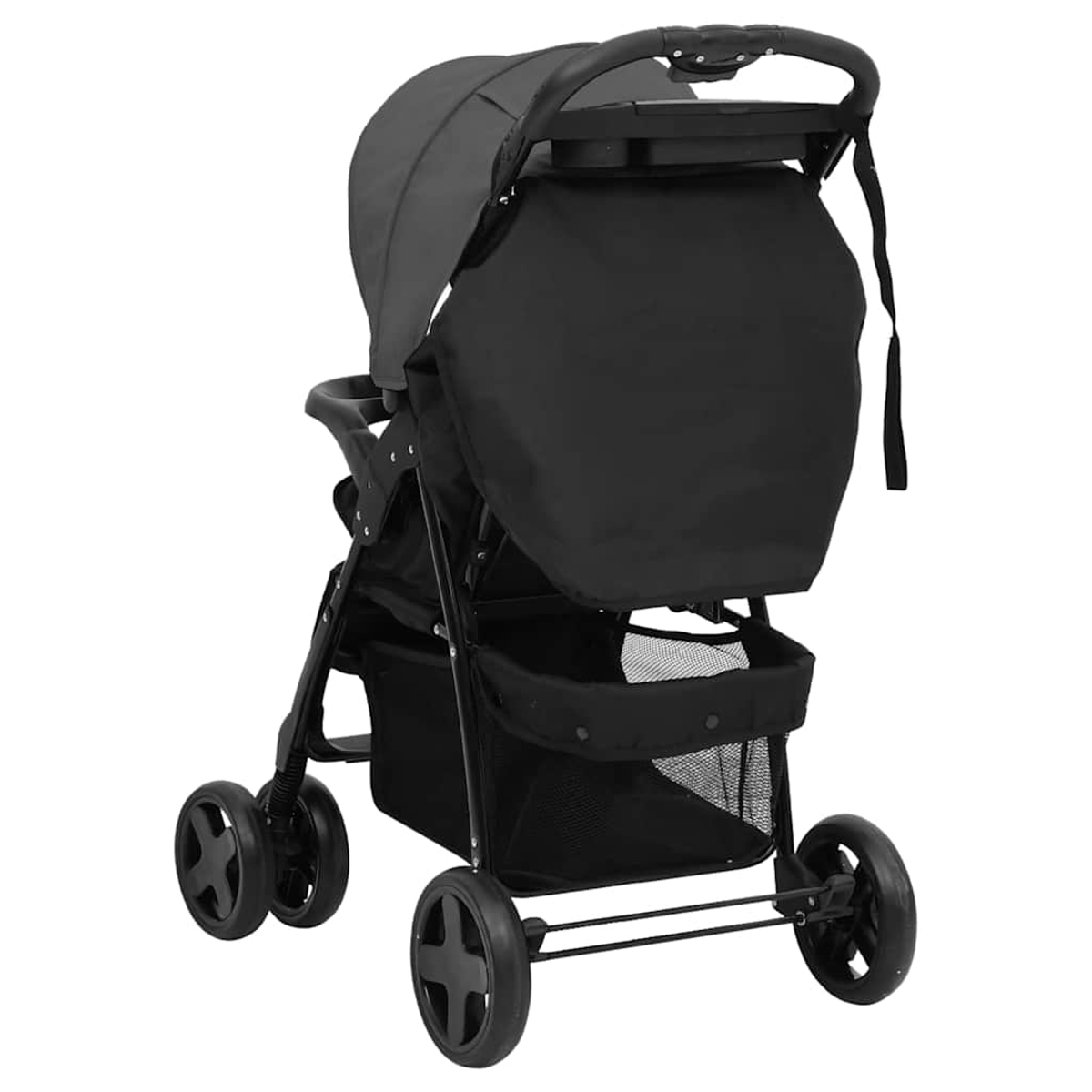 Ein schwarzer Kinderwagen mit Haube, Griff und Einkaufskorb.