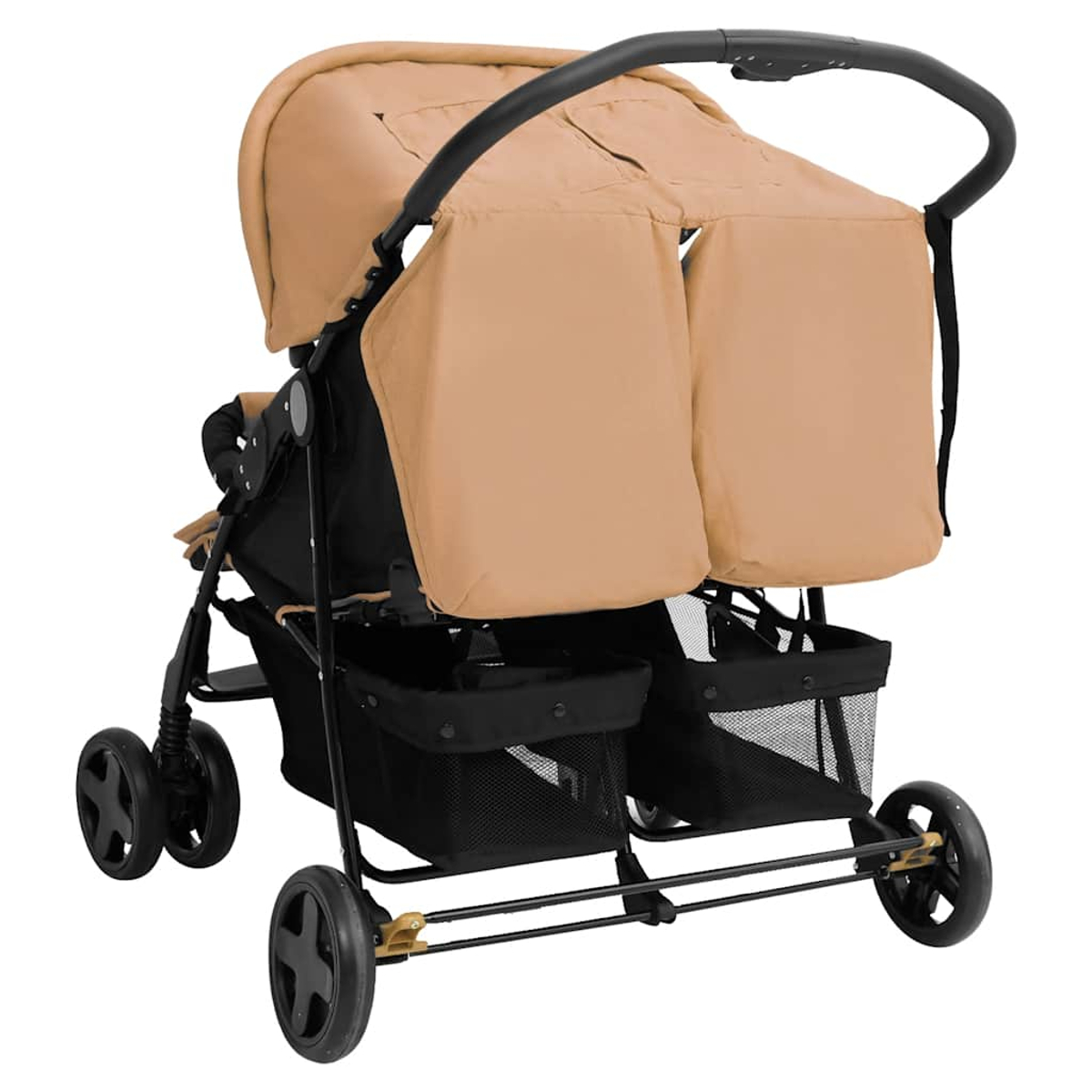 Doppelkinderwagen in Khaki und Schwarz mit zwei Sitzplätzen und Körben.