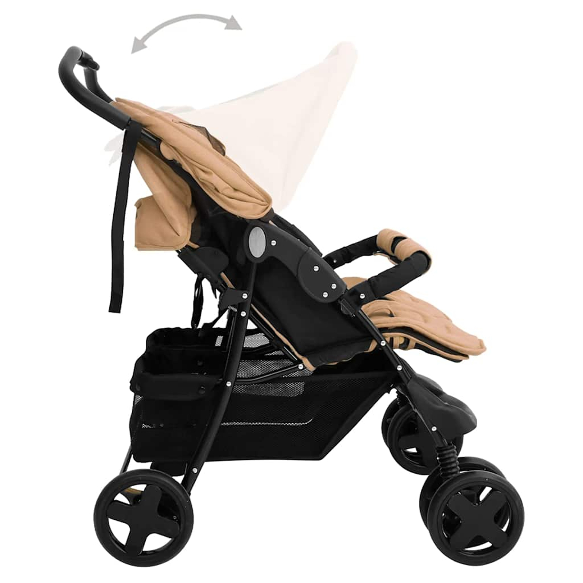Ein sandfarbener und schwarzer Kinderwagen mit Verdeck und Korb.