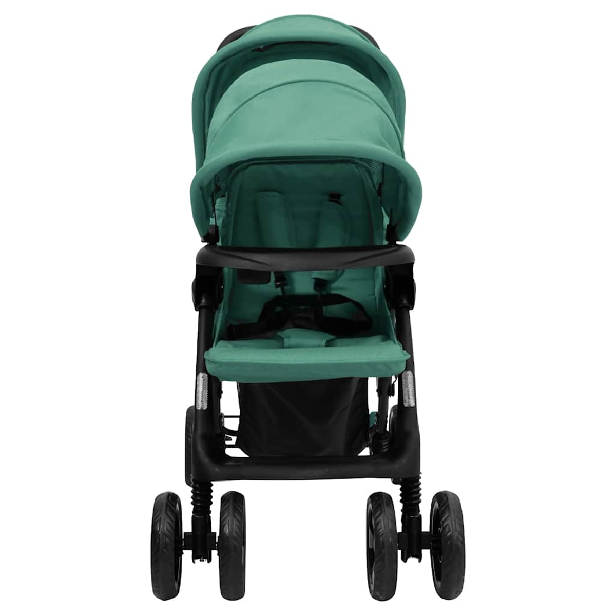 Ein grüner Kinderwagen mit schwarzem Gestell und Gurten.