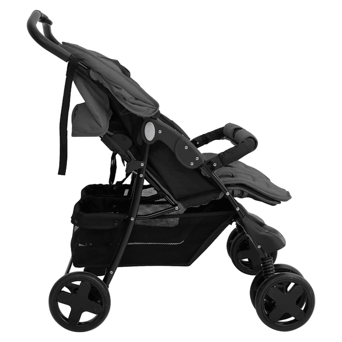 Ein schwarzer Kinderwagen mit einem Sonnendach und einem Aufbewahrungskorb.