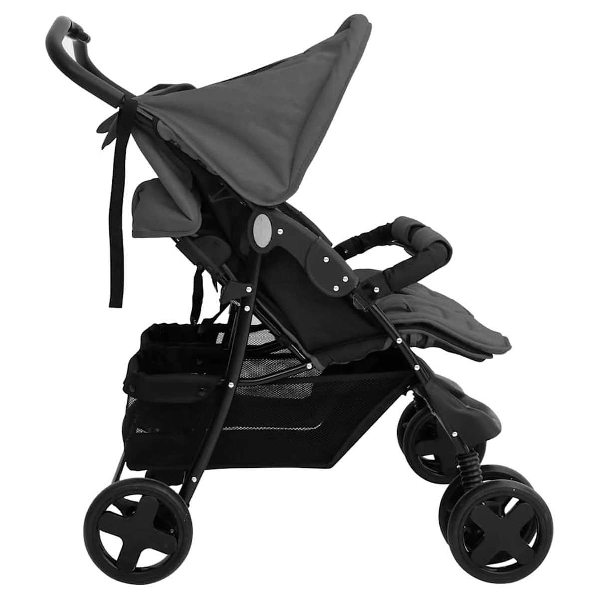 Ein dunkler Kinderwagen mit Verdeck, Sitz und Aufbewahrungskorb.