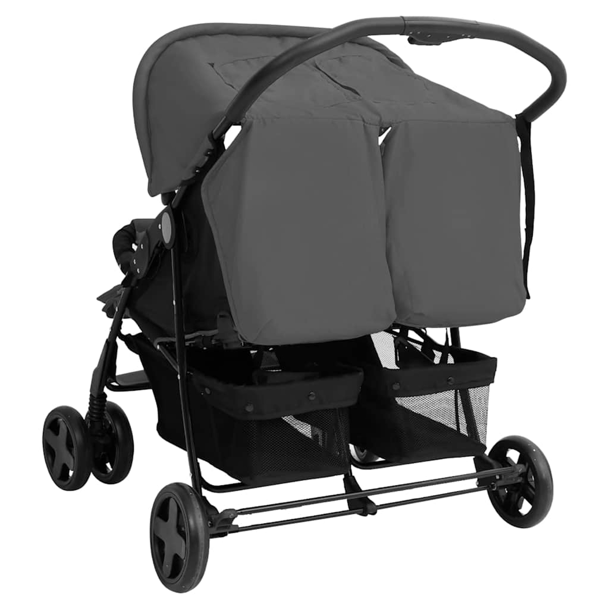 Ein grauer Zwillingskinderwagen mit zwei Sitzen, Sonnendächern und Körben.
