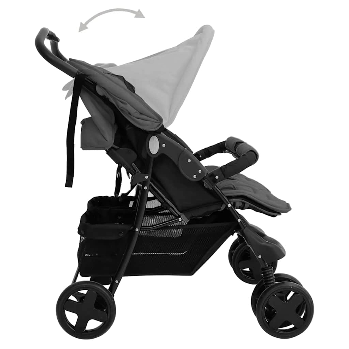 Ein grauer Kinderwagen mit verstellbarem Verdeck und Aufbewahrungskorb.