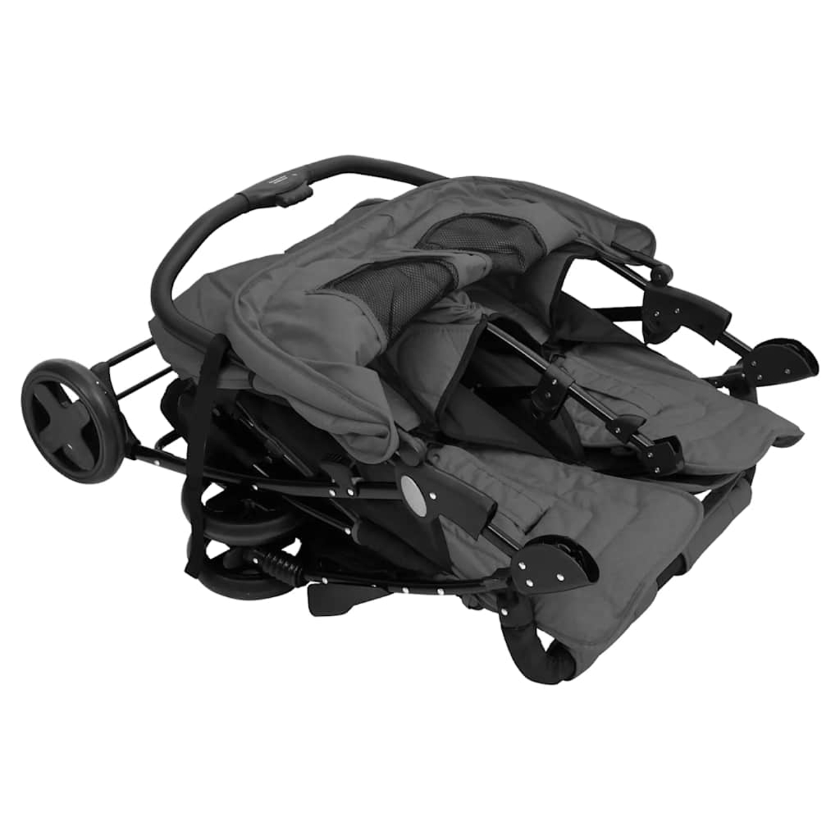 Ein zusammengeklappter dunkelgrauer Kinderwagen mit zwei Sitzen und Rädern.