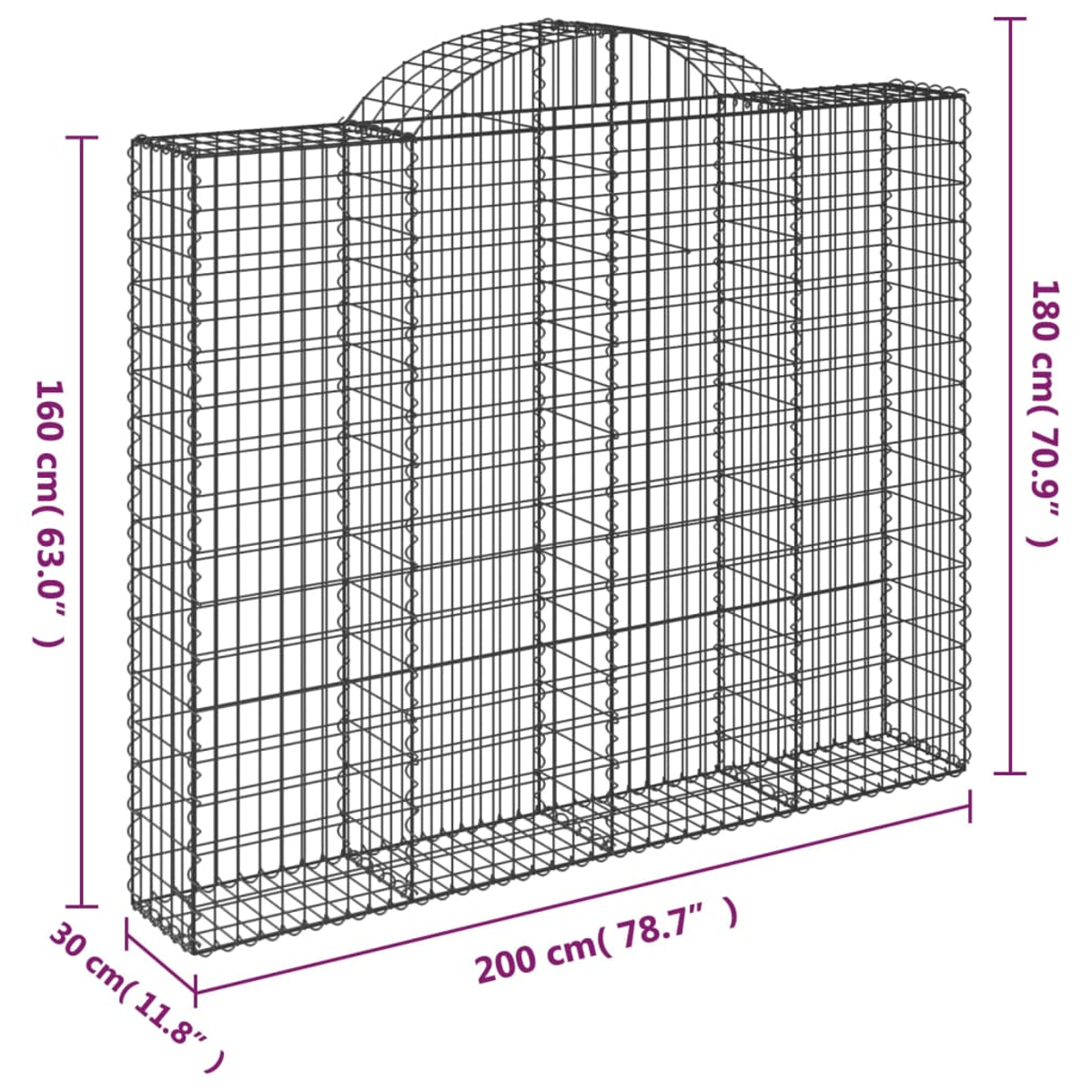 Ein rechteckiger Drahtkorb mit abgerundeter Oberseite, Maße 200x30x180cm.