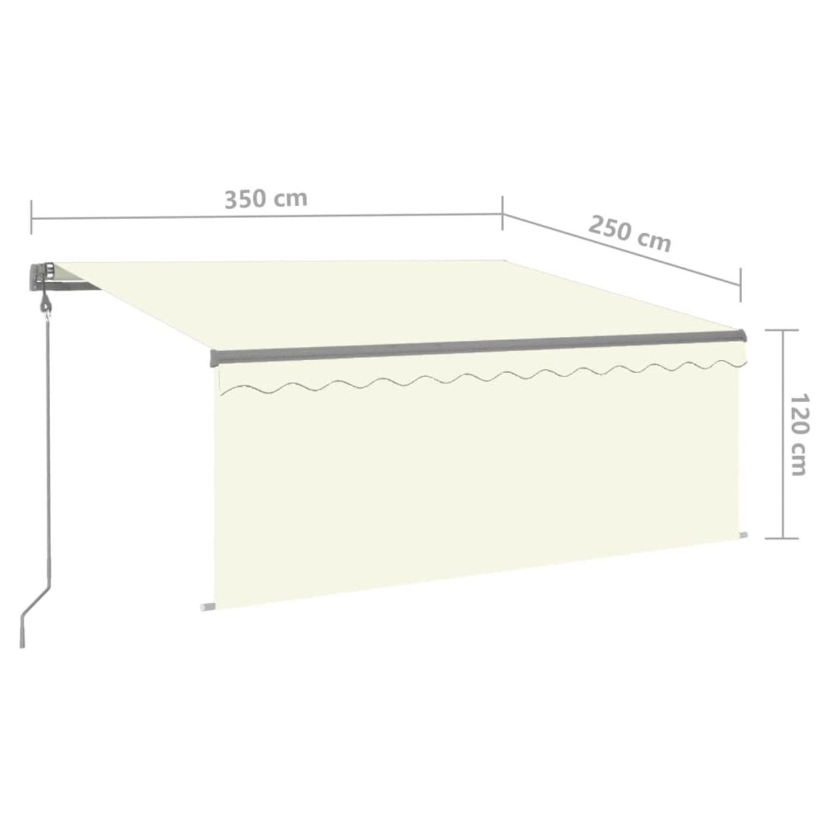 Cremefarbene Markise, 350cm breit, 250cm Ausladung, 120cm Höhe. Wandmontage.