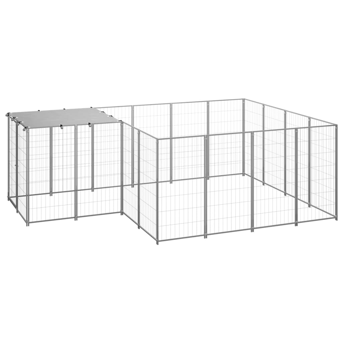 Ein großer, rechteckiger Zwinger aus Metallgittern mit einem Dach über einem Teil des Geheges.