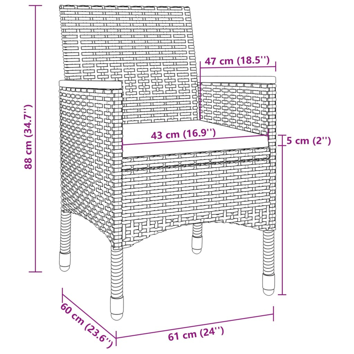 Ein Rattan-Stuhl mit Maßen: 88 cm H, 61 cm B, 60 cm T.