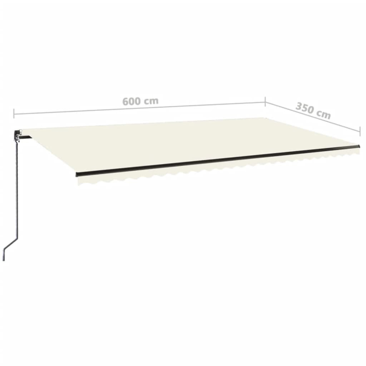 Ein cremefarbener Sonnenschutz (600 x 350 cm) mit schwarzem Rand und Kurbel.