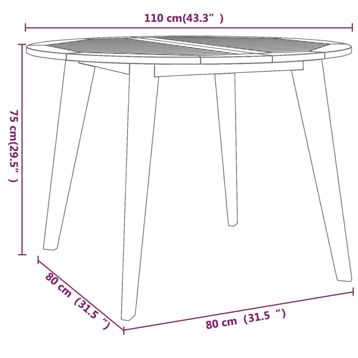 Ein runder Tisch mit vier Beinen, 110 cm breit und 75 cm hoch.