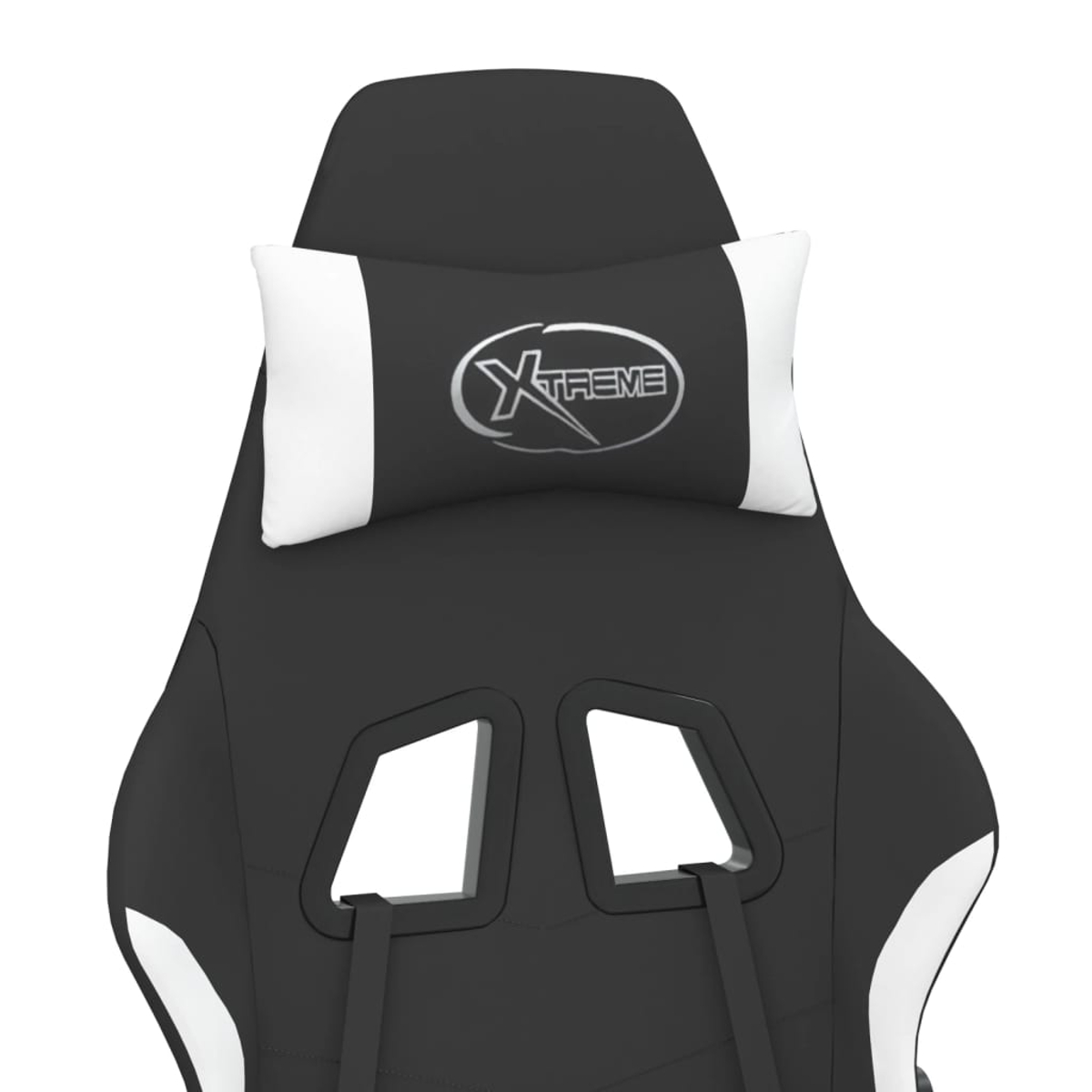 Schwarzer Gaming-Stuhl mit weißem Logo-Kissen und Cut-Outs.