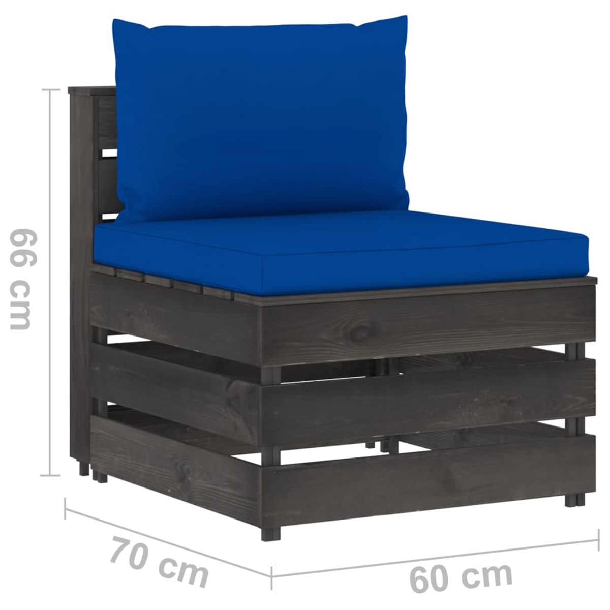 Dunkelgraues Holzmodul mit blauen Kissen, 70x60x66cm.